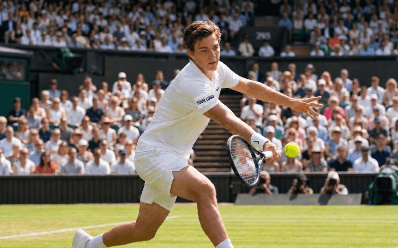 A professional player on a packed grass show court, a brand logo patch on his sleeve