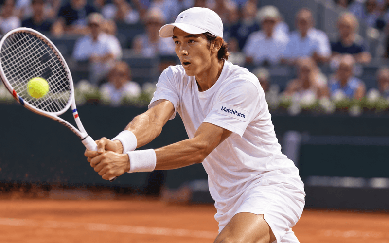 A player hitting a backhand on a clay court, wearing a MatchPatch patch on his sleeve